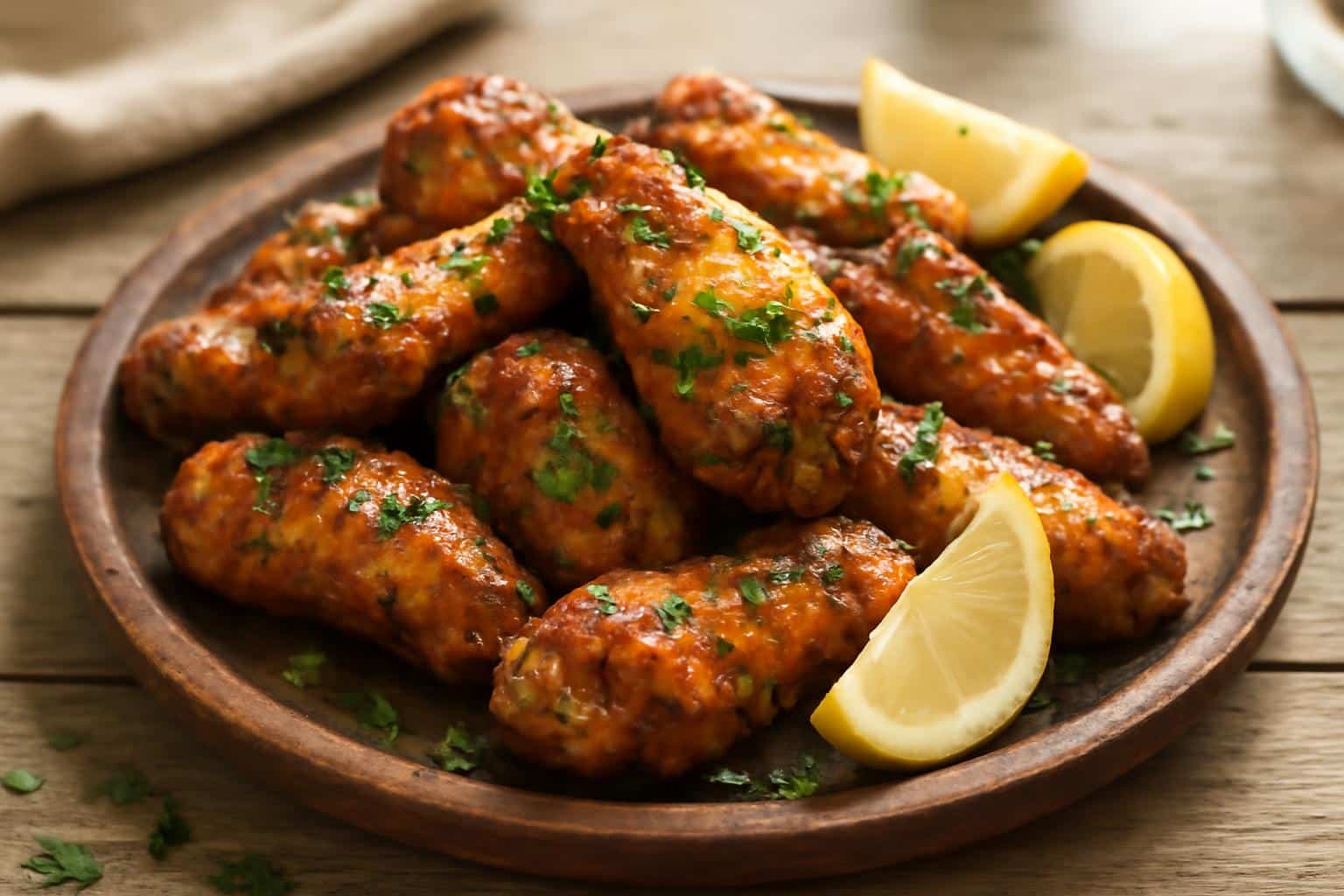 Crispy cowboy butter chicken wings garnished with parsley and lemon wedges