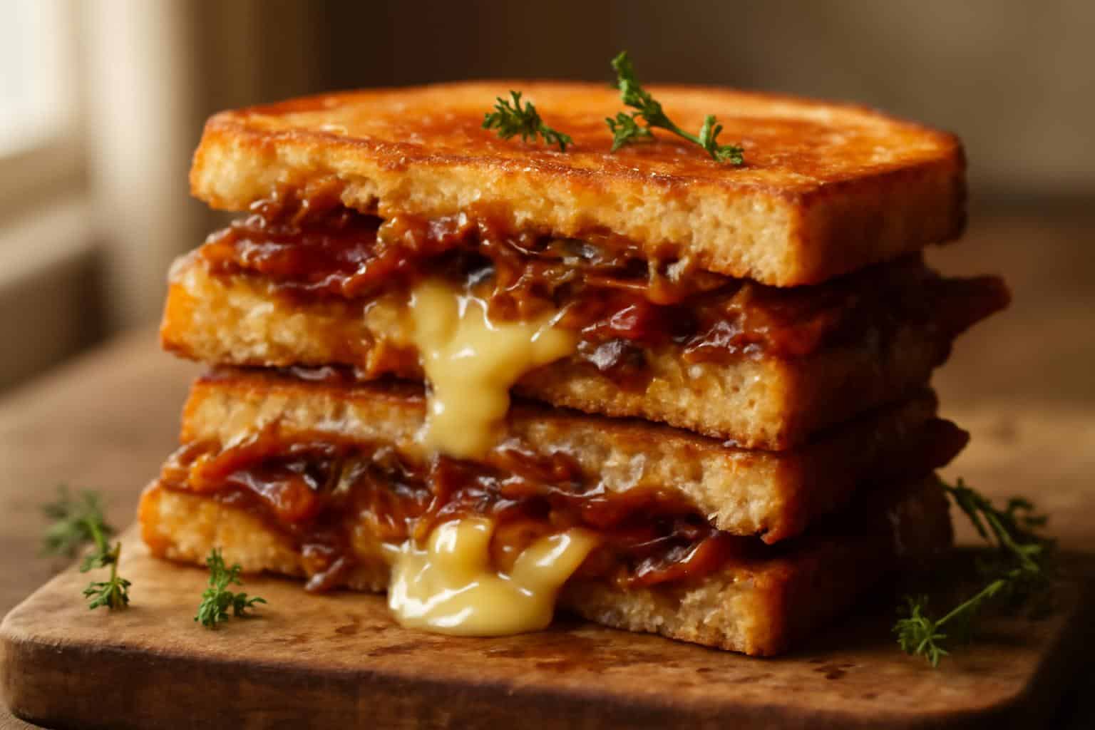 Cozy bacon grilled cheese sandwich with caramelized onions and melted cheese on rustic board