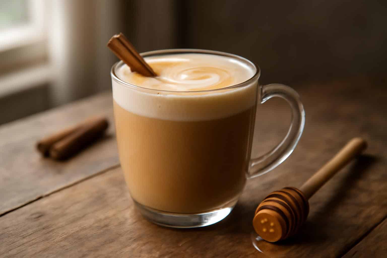 Cinnamon honey latte in clear glass mug with cinnamon stick garnish and honey dipper