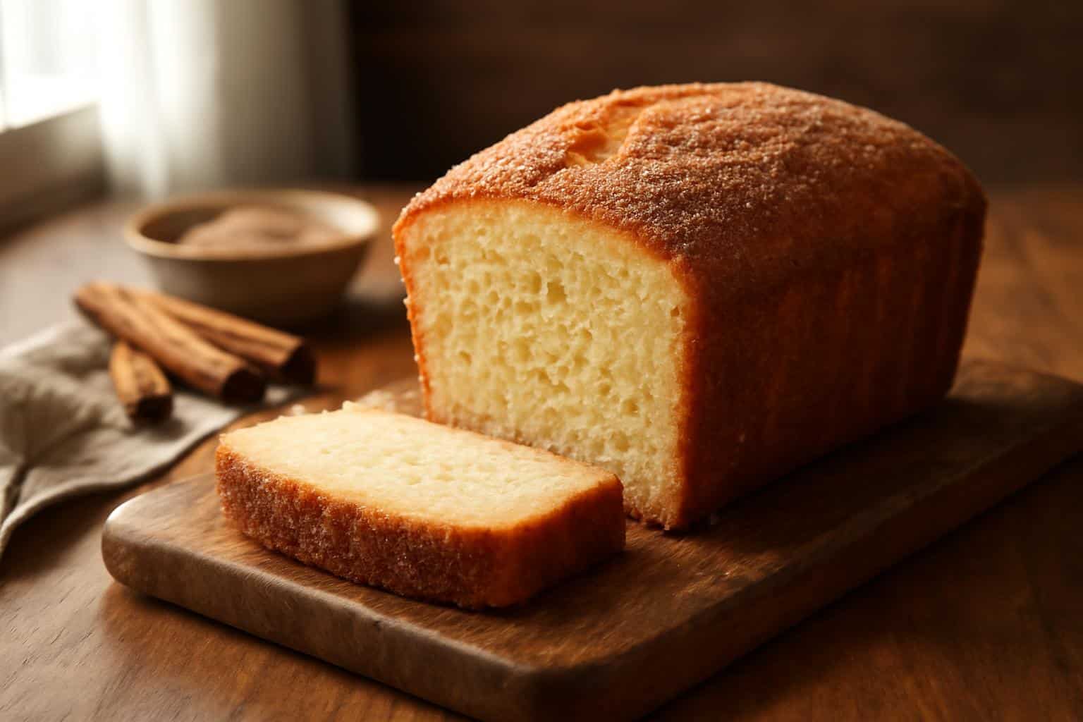 Freshly baked cinnamon sugar donut bread loaf sliced on wooden board with cinnamon sugar coating