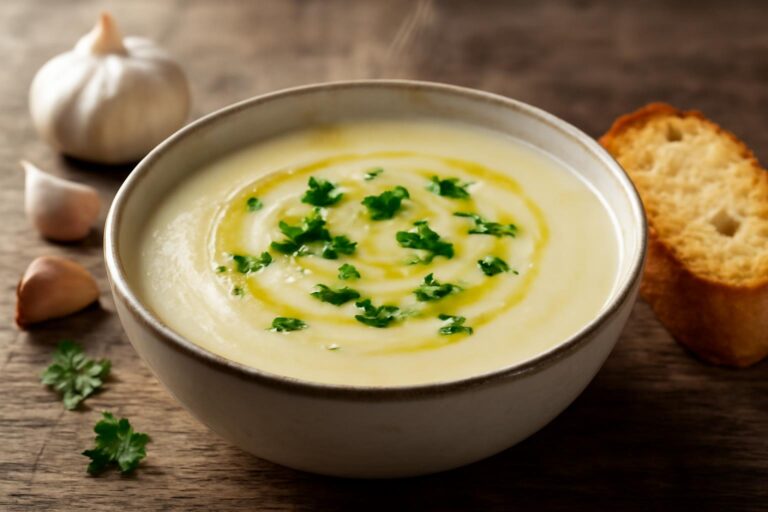 Bowl of creamy French garlic soup garnished with parsley, showcasing creamy french garlic soup