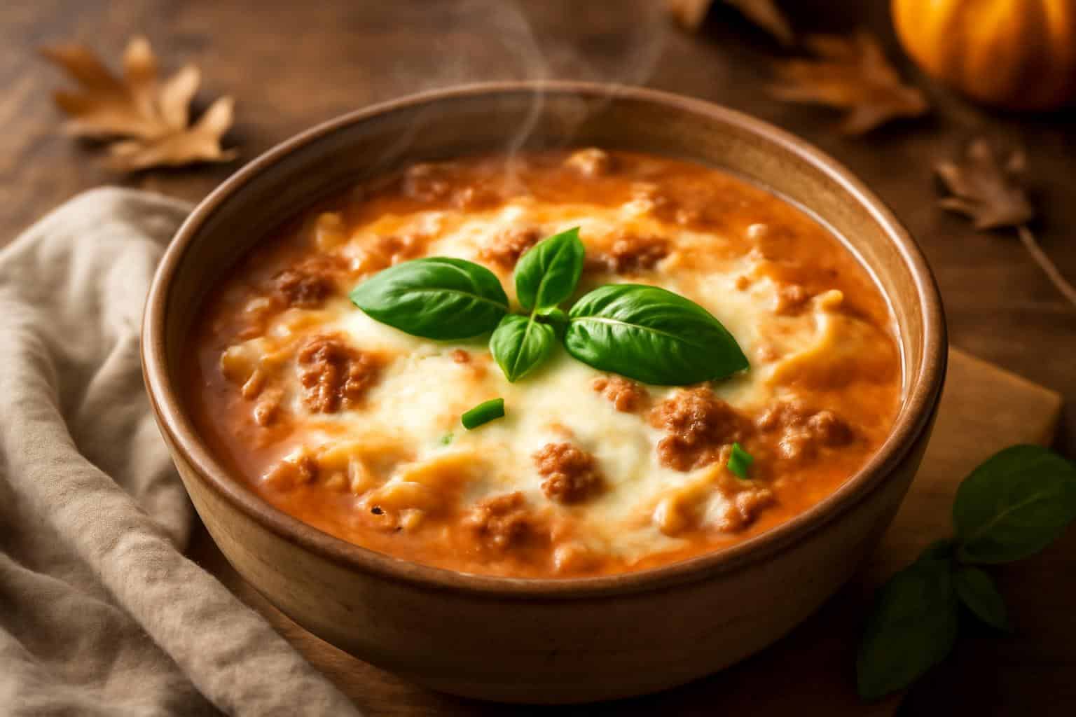 Creamy lasagna soup served in a bowl garnished with basil and melted cheese