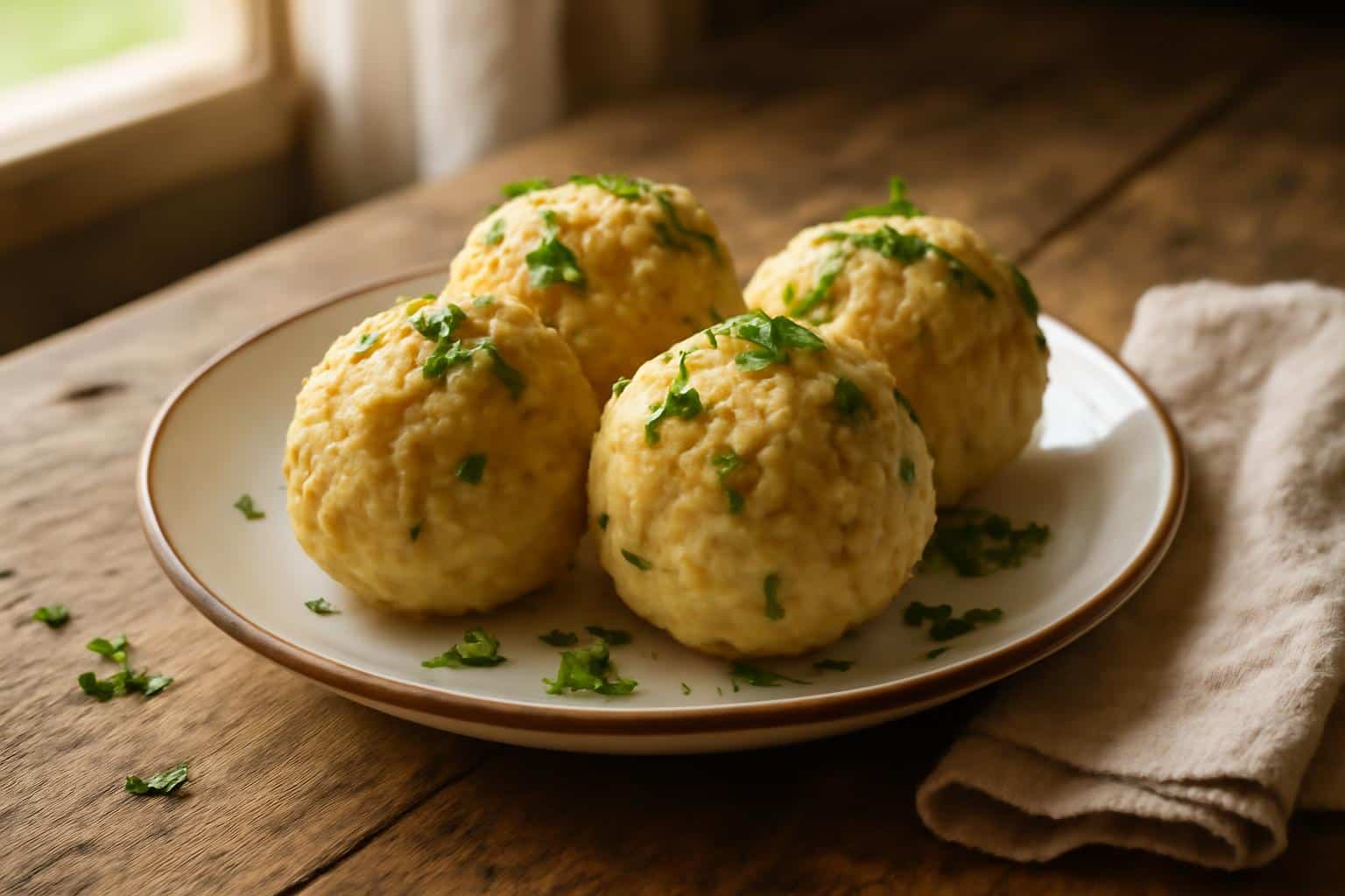 Plate of cozy German knödel dumplings garnished with fresh parsley on rustic wooden table