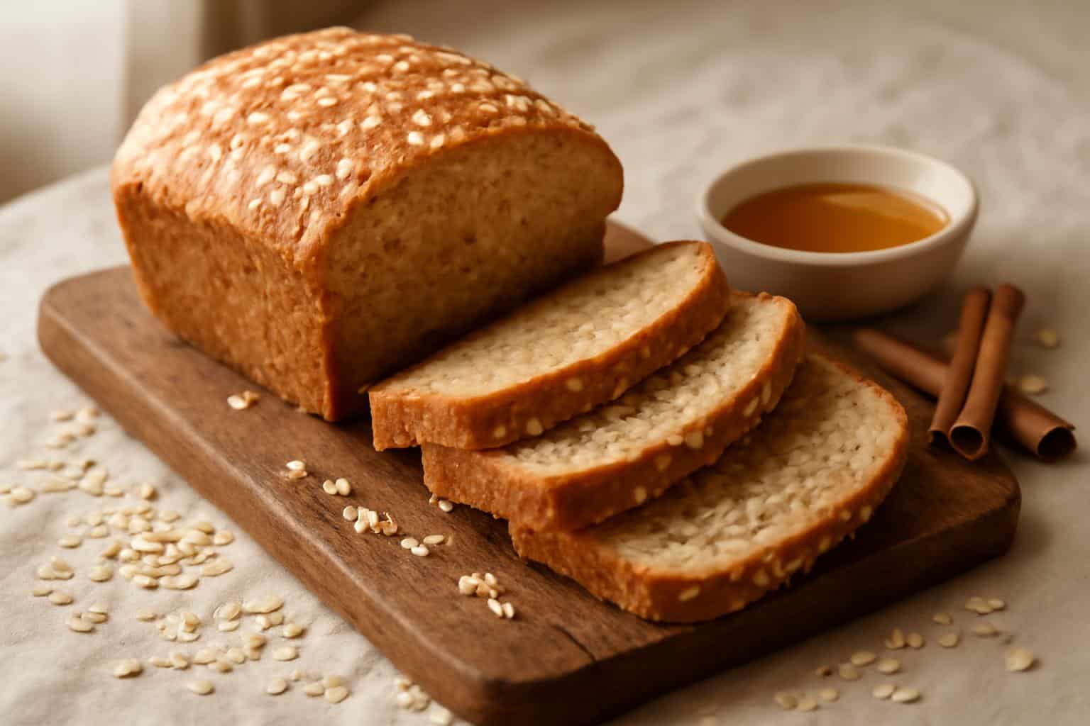 Freshly baked honey-cinnamon oatmeal bread with golden crust and cinnamon garnish on rustic board