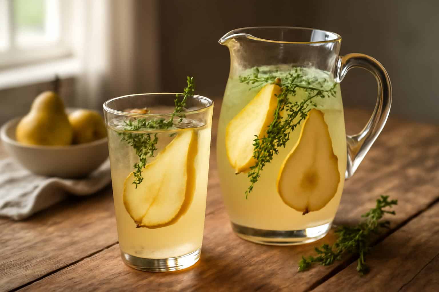Glass and pitcher of pear thyme mocktail garnished with fresh pear slices and thyme sprigs