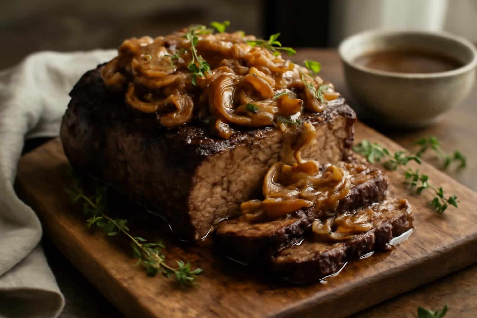 Savory French onion pot roast slow cooked with caramelized onions and herbs