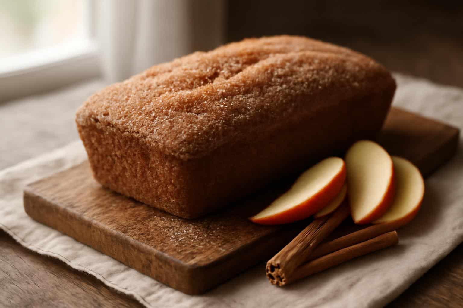 Cozy spiced apple cider donut loaf dusted with cinnamon sugar and fresh apple slices