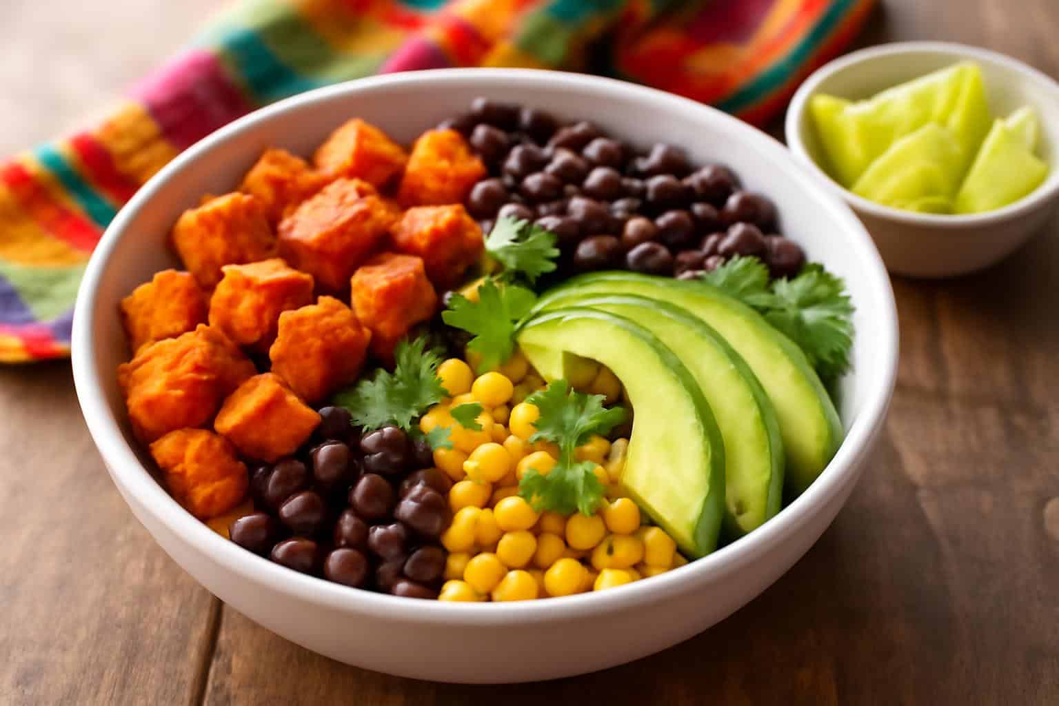 Cozy sweet potato taco bowl with roasted sweet potatoes, black beans, avocado, and corn, garnished with fresh cilantro