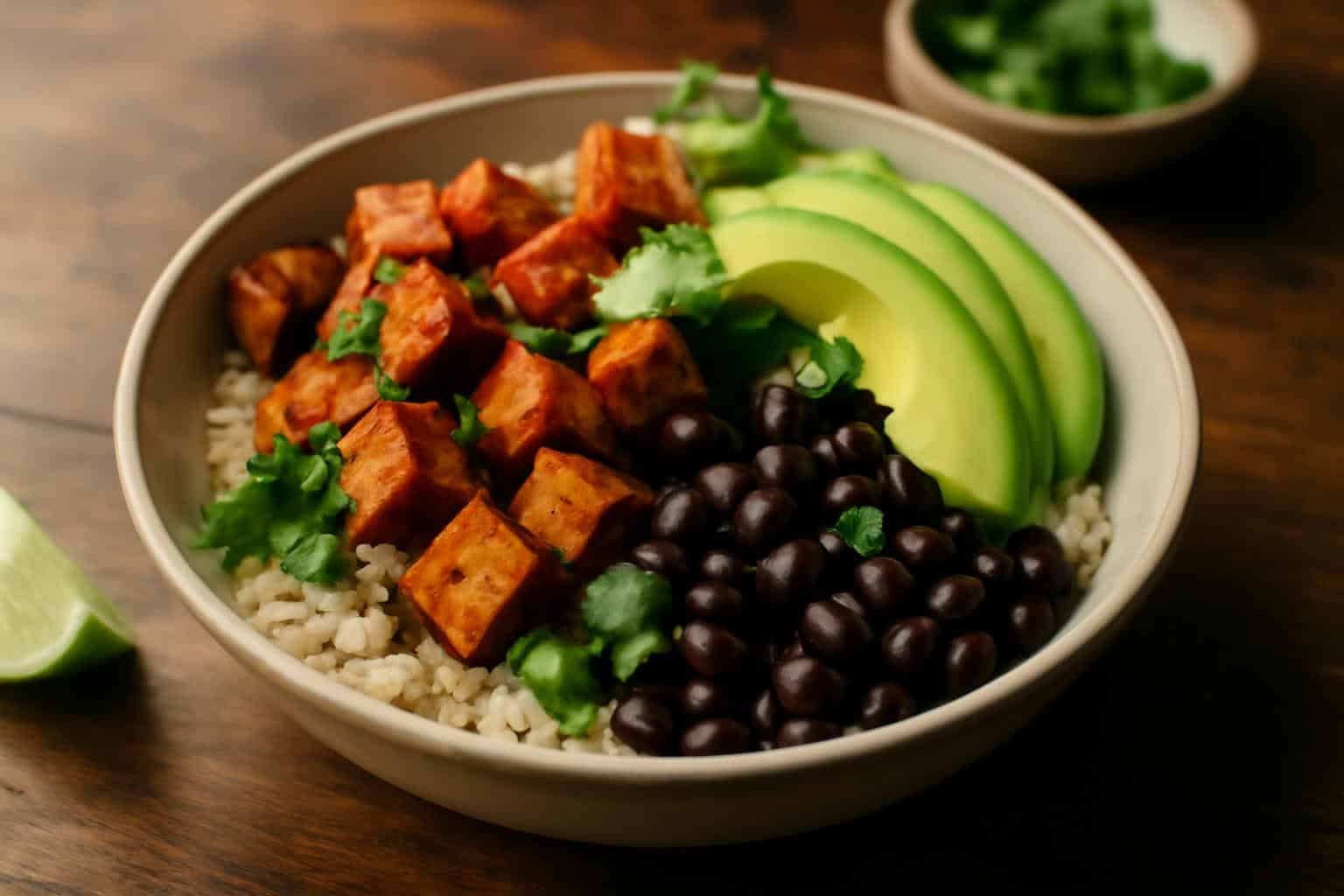 Cozy sweet potato taco bowl with roasted sweet potatoes, black beans, avocado, and cilantro garnish