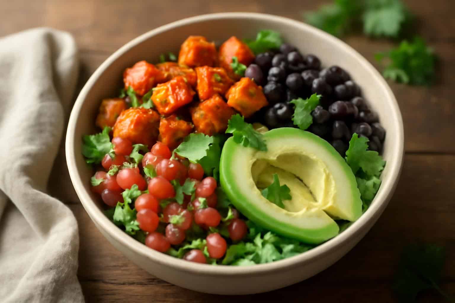 Cozy sweet potato taco bowl with roasted veggies and avocado, showcasing sweet potato taco bowl