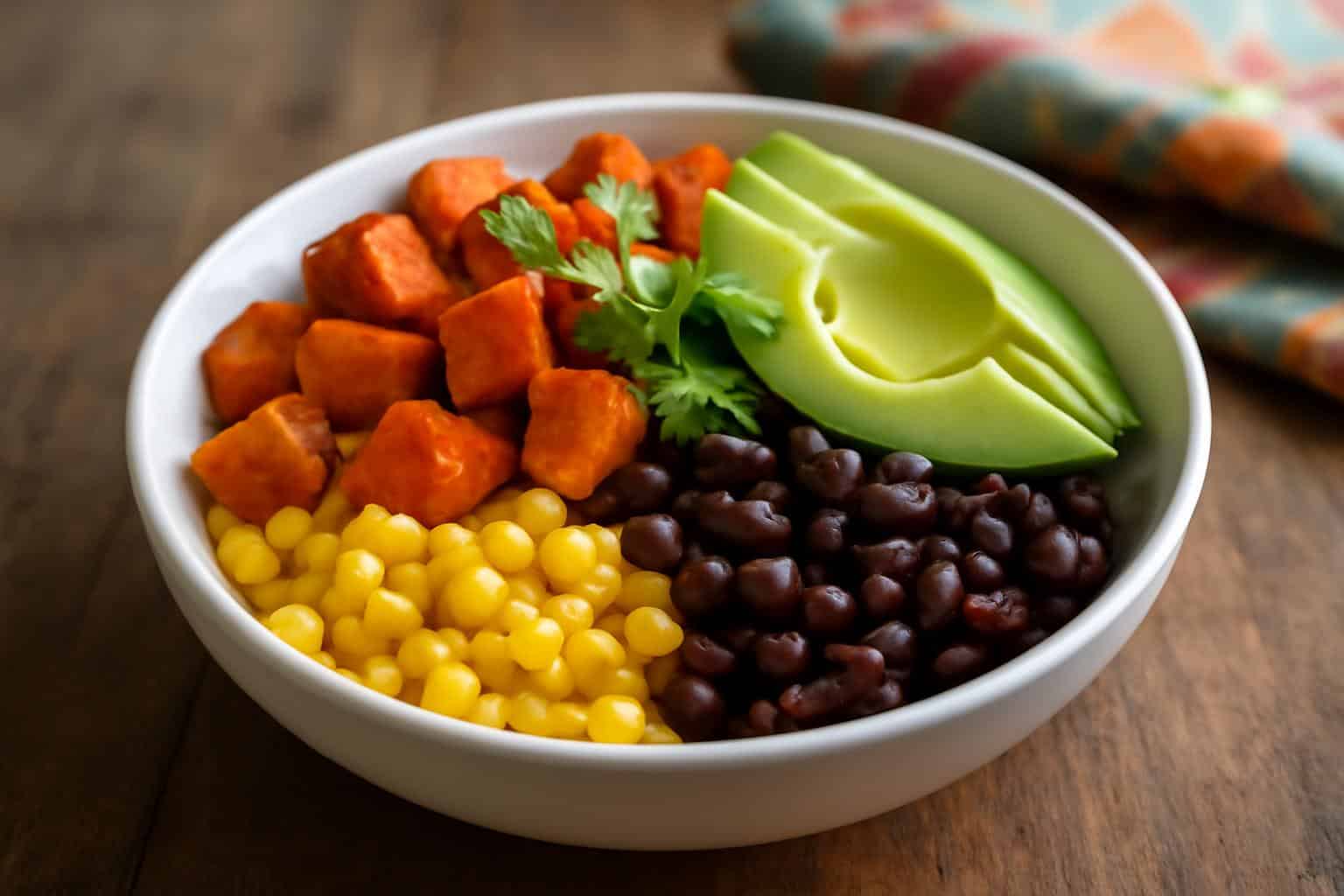 Colorful sweet potato taco bowl with roasted sweet potatoes and fresh toppings, cozy sweet potato taco bowl