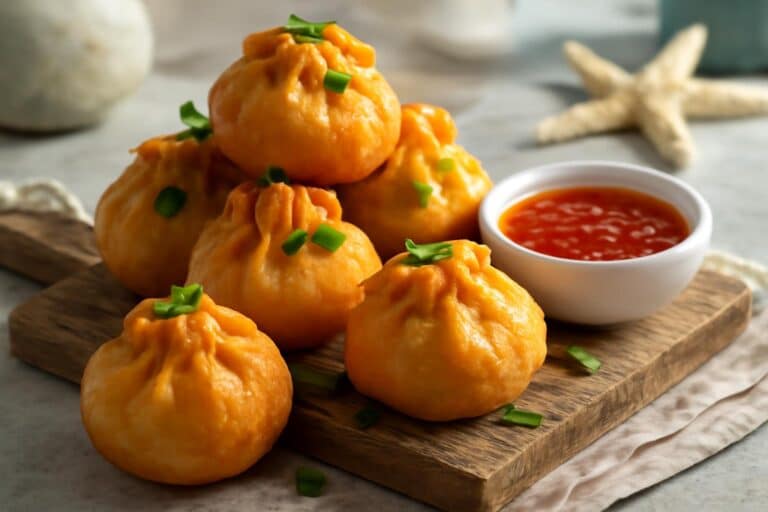 Golden crispy crab rangoon bombs appetizer with creamy crab filling and dipping sauce