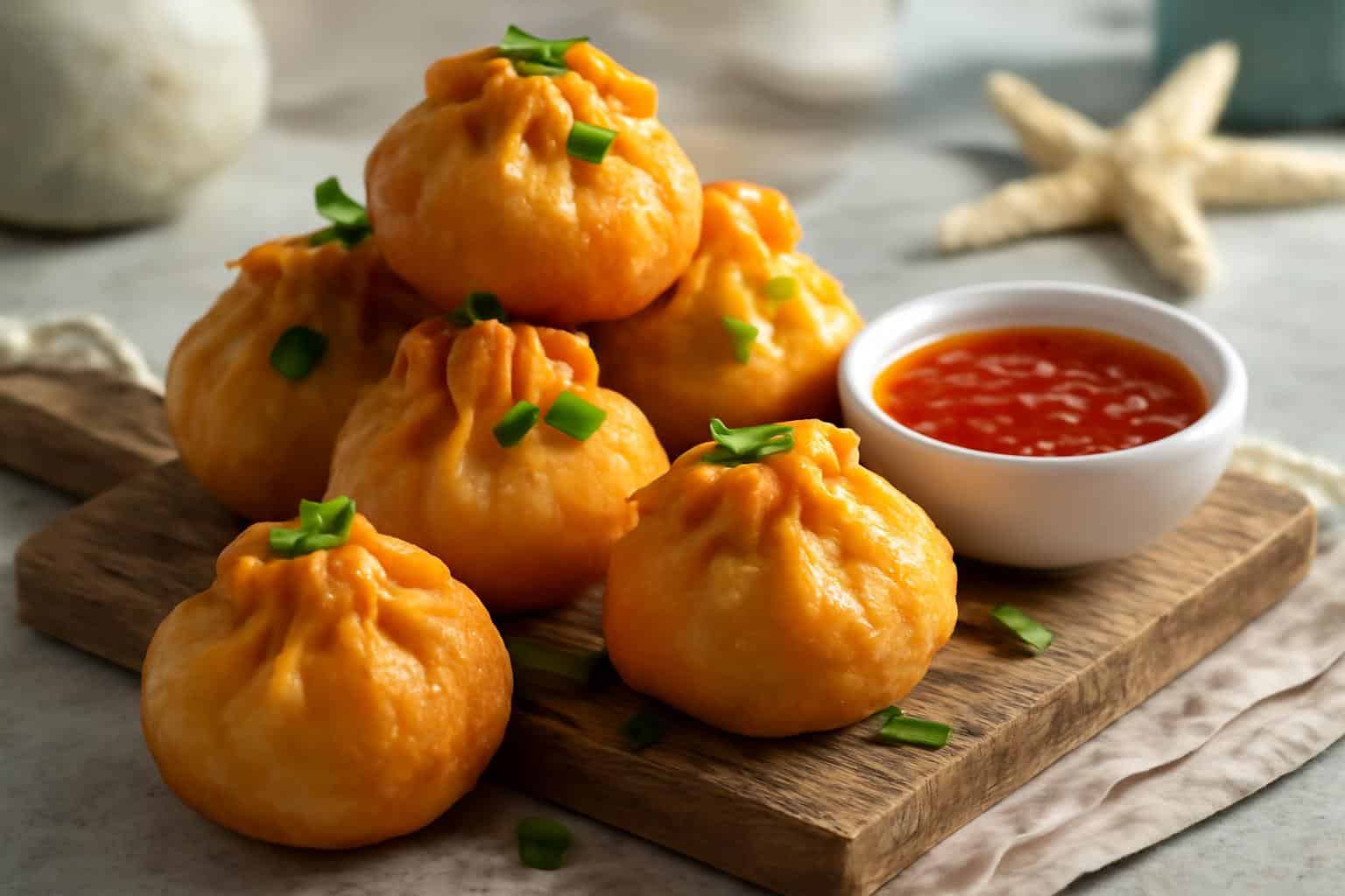 Golden crispy crab rangoon bombs appetizer with creamy crab filling and dipping sauce