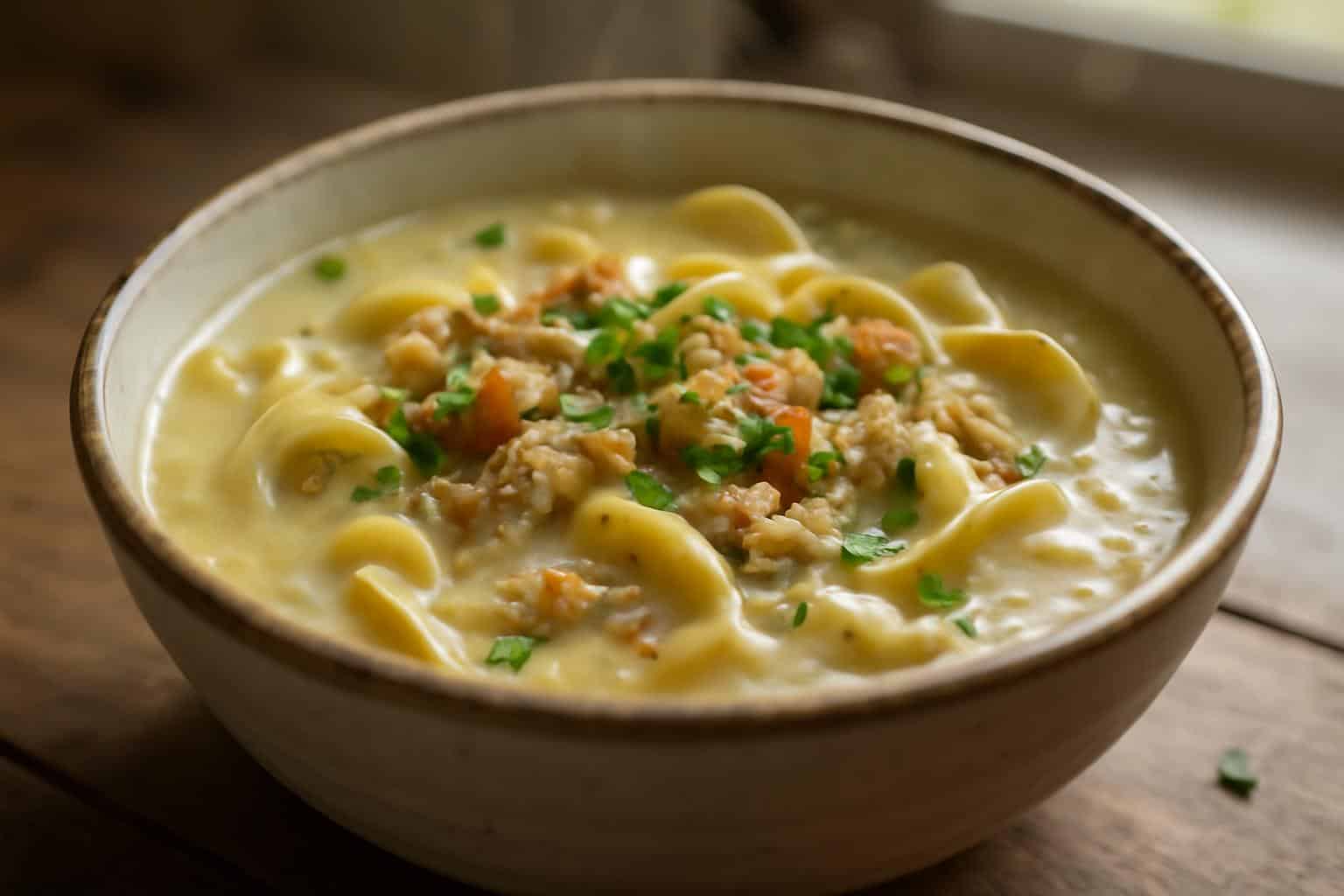A bowl of crack chicken noodle soup with creamy broth garnished with fresh parsley