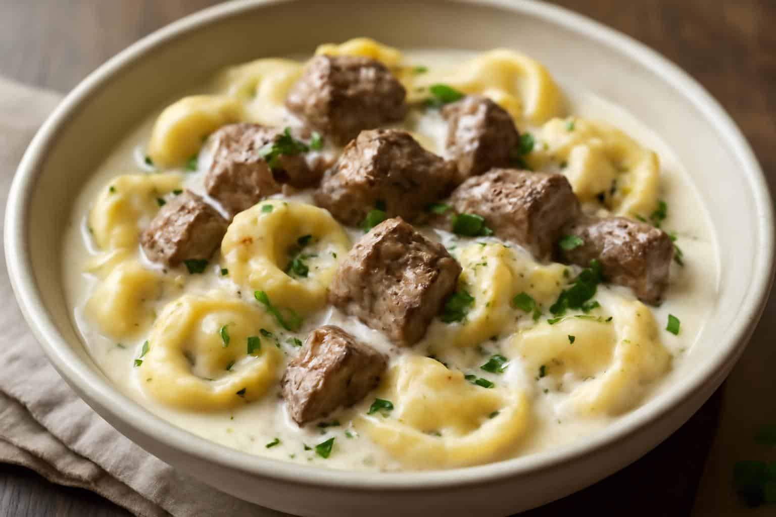 Garlic steak tortellini in creamhouse sauce garnished with parsley and black pepper