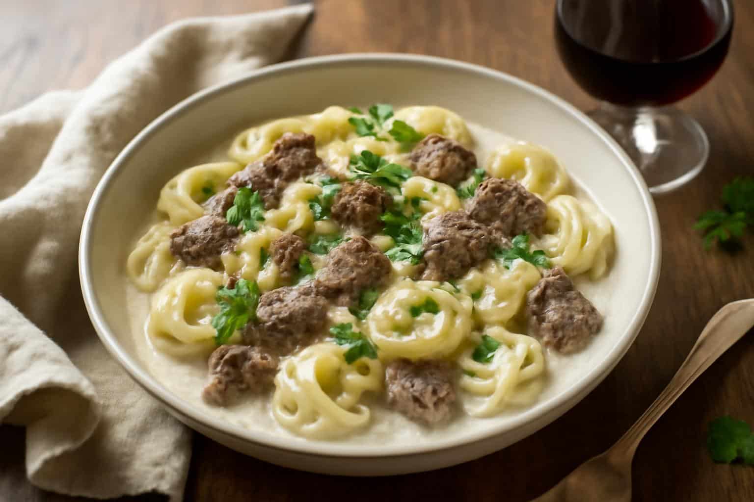 Creamy cracked garlic steak tortellini garnished with parsley and cracked pepper