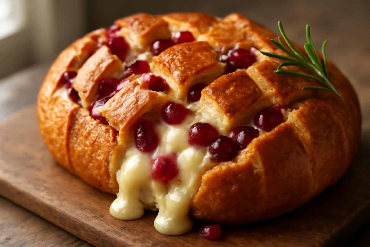 Cranberry brie bread pull-apart with melted cheese and fresh cranberries on rustic board