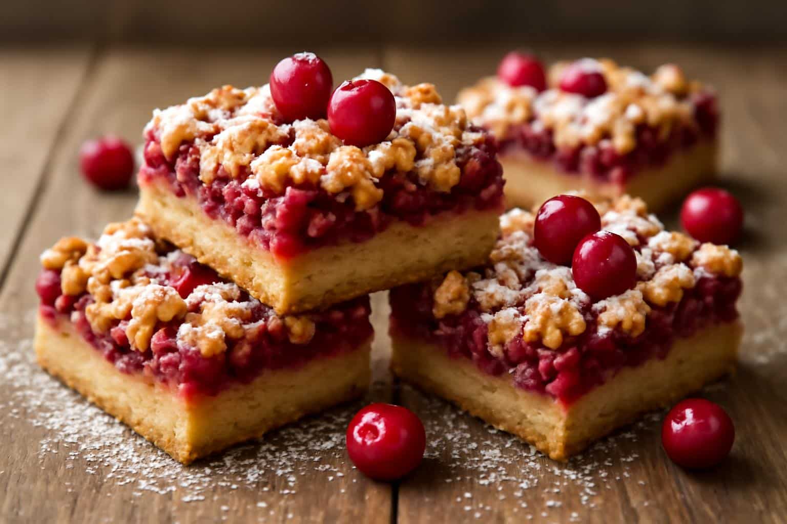 Decadent cranberry crumble bars with rich browned butter blondie bliss on a rustic wooden surface