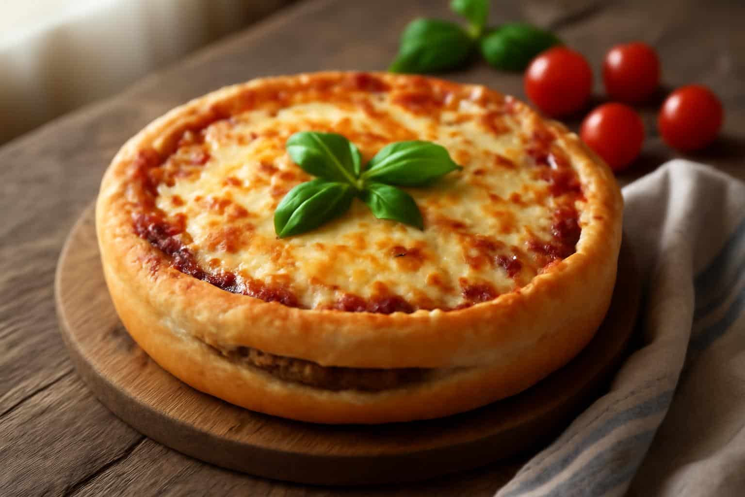 Close-up of crazy good pizza burger pie topped with melted cheese and fresh basil