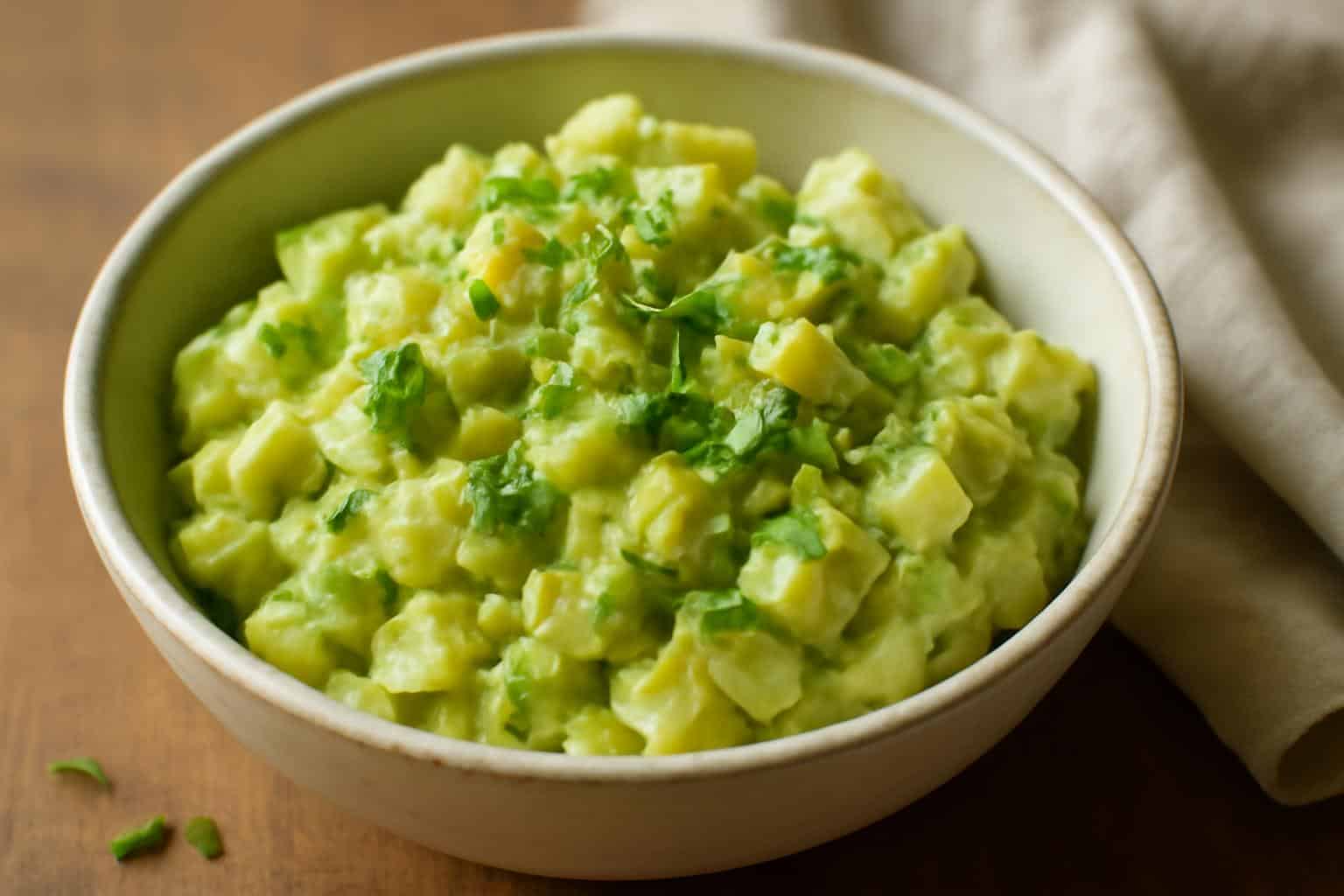 Creamy avocado egg salad in a white bowl garnished with chopped chives and black pepper