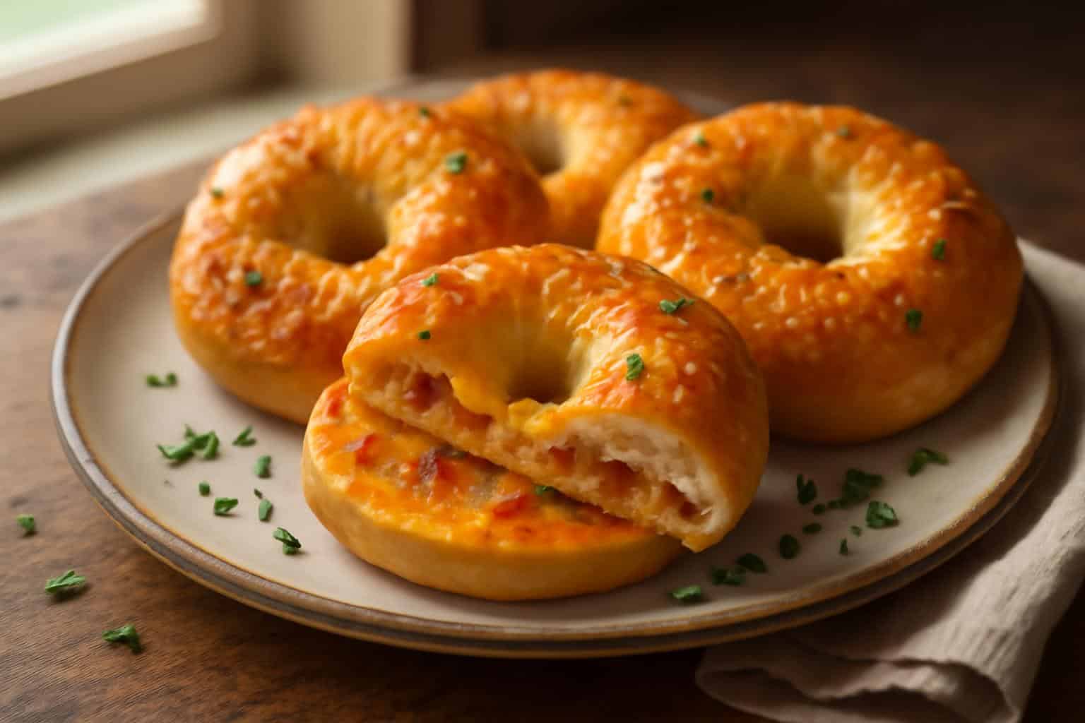 freshly baked bacon cheddar bagels with creamy melted cheddar and crispy bacon