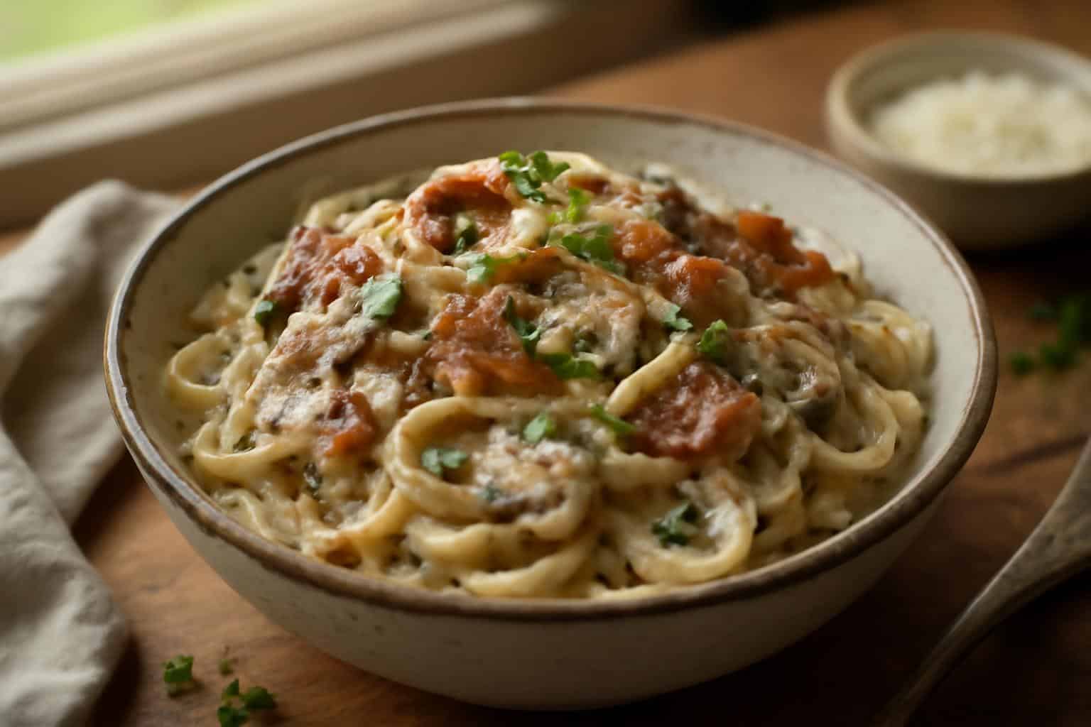 Creamy bacon pasta with mushrooms garnished with parsley and black pepper
