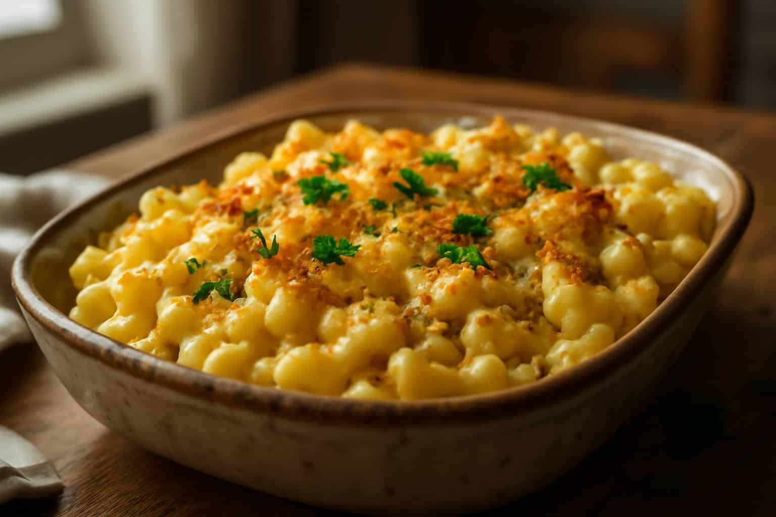 Creamy baked mac and cheese with crispy breadcrumb topping in a rustic dish