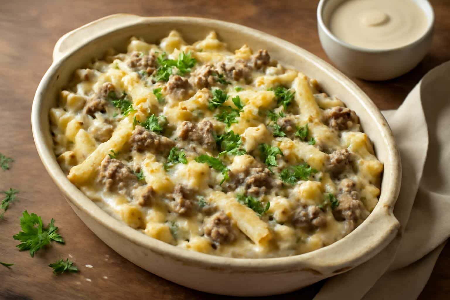 Creamy beef alfredo ziti casserole garnished with parsley and Parmesan cheese