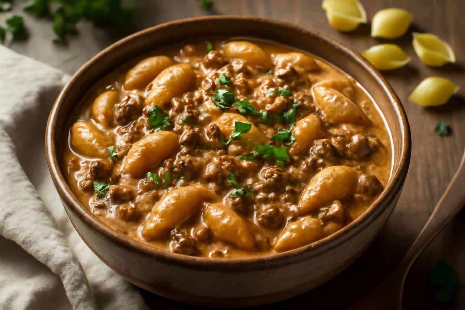 Creamy beef and shells pasta in a rustic bowl garnished with parsley