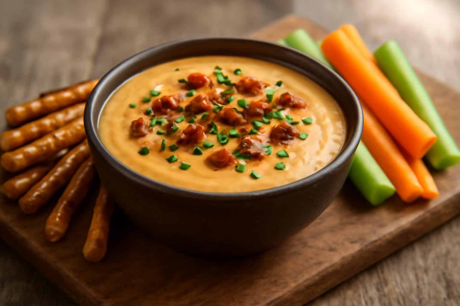 Creamy beer cheese dip in a bowl garnished with chives and bacon bits, perfect beer cheese dip for parties