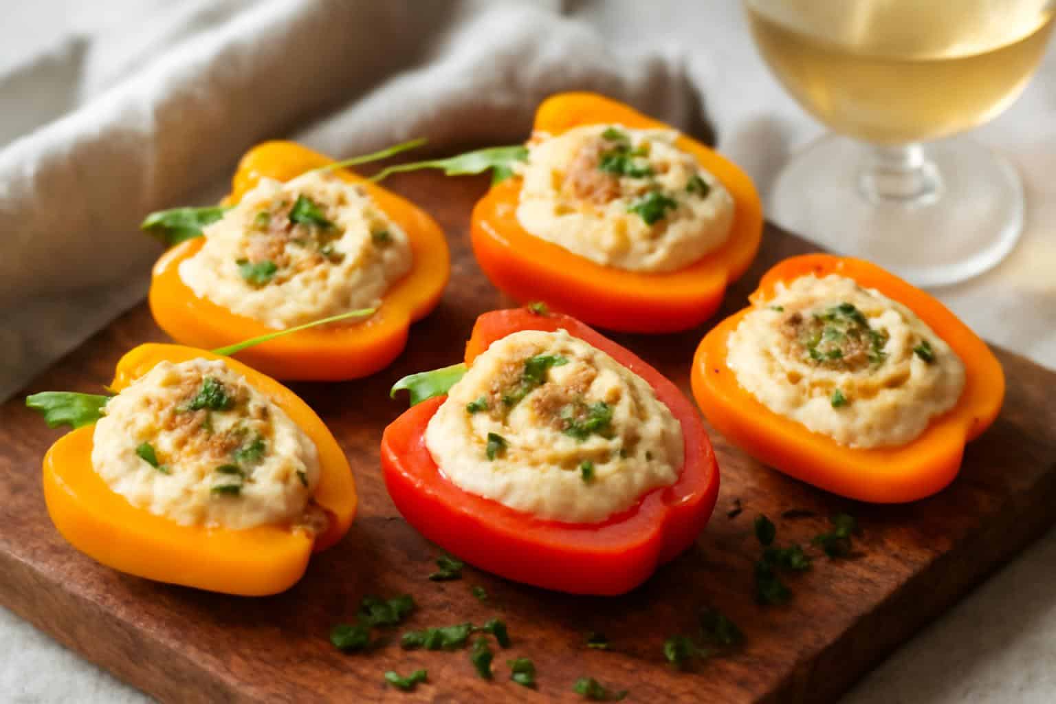 Fresh creamy bell pepper dip cups appetizer with vibrant colors and herbs