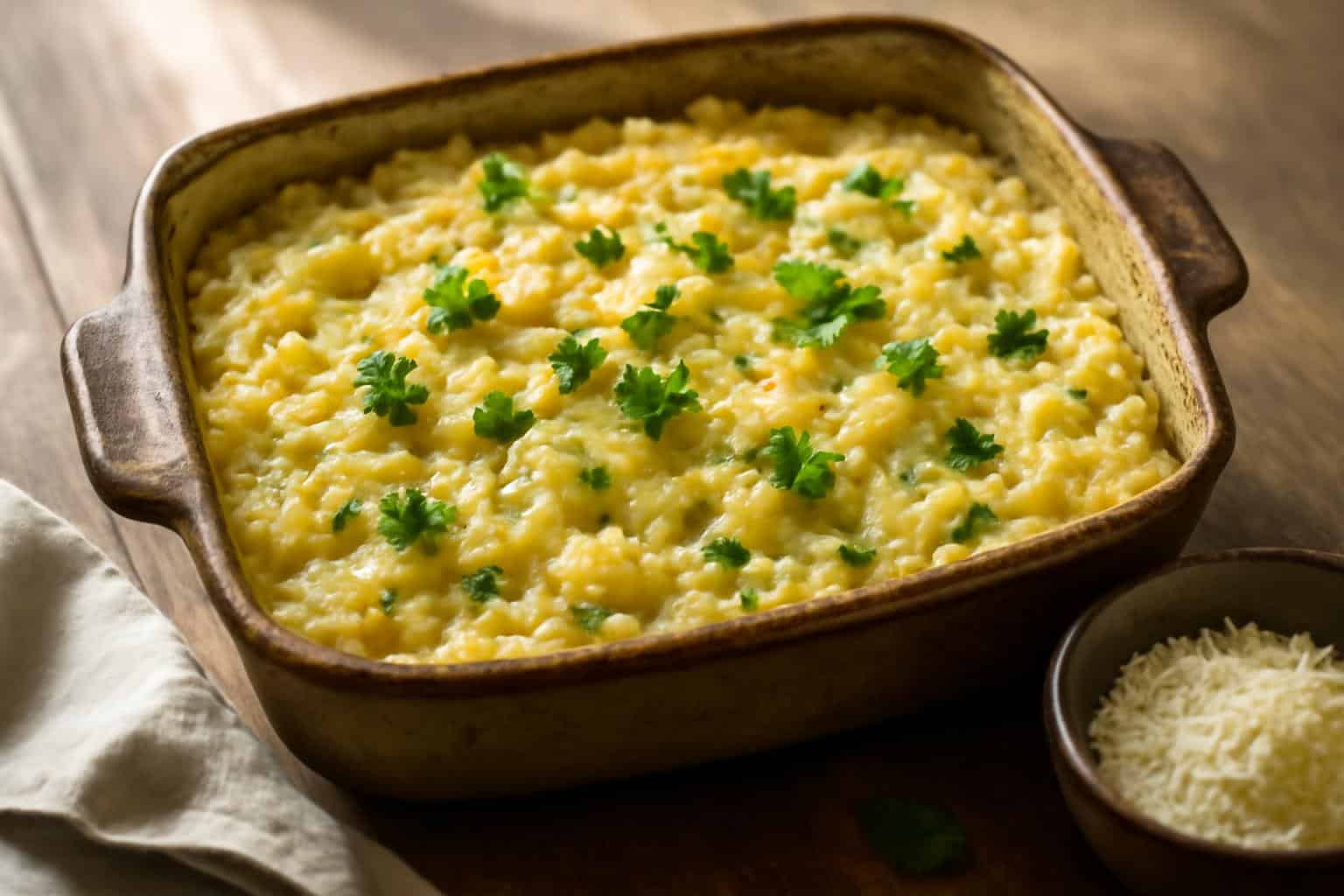 Creamy boursin orzo bake in a rustic dish garnished with parsley, showcasing a golden baked top