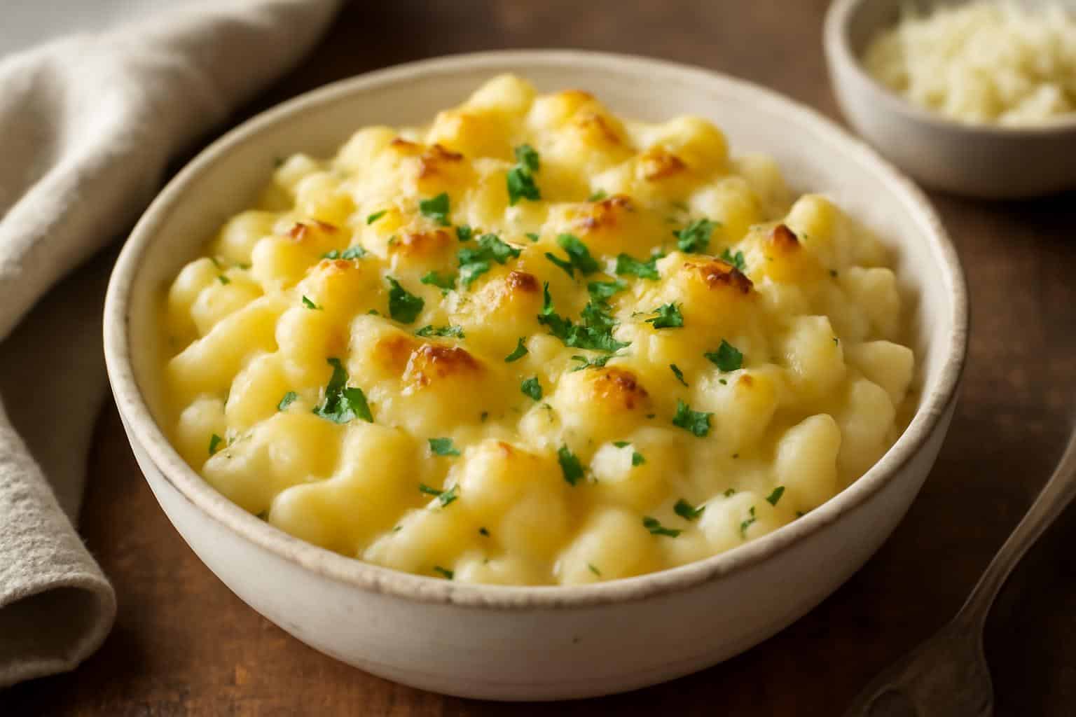 Creamy brie mac cheese in rustic bowl garnished with parsley and black pepper