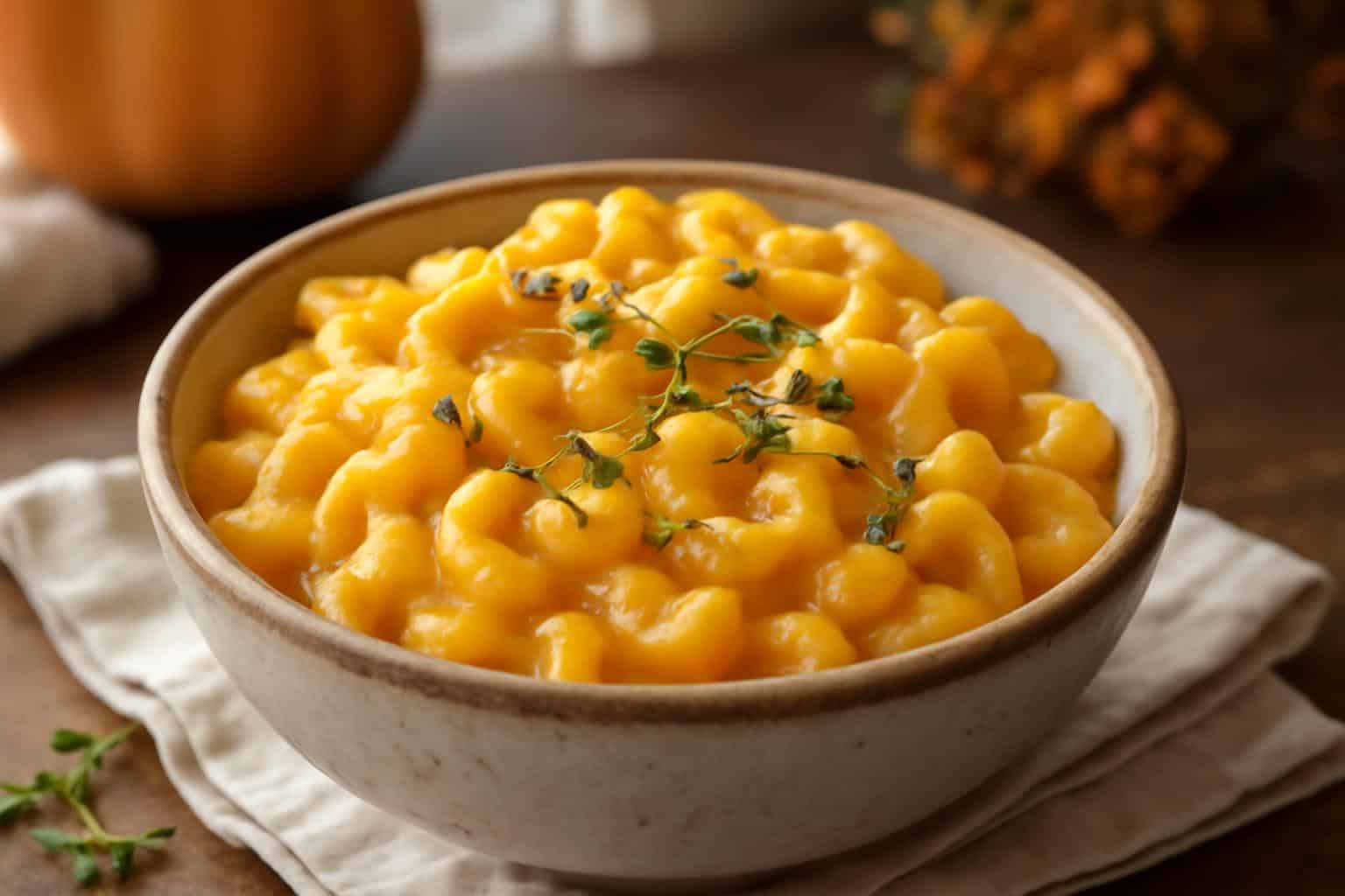 Creamy butternut squash mac cheese in a rustic bowl garnished with thyme and pepper