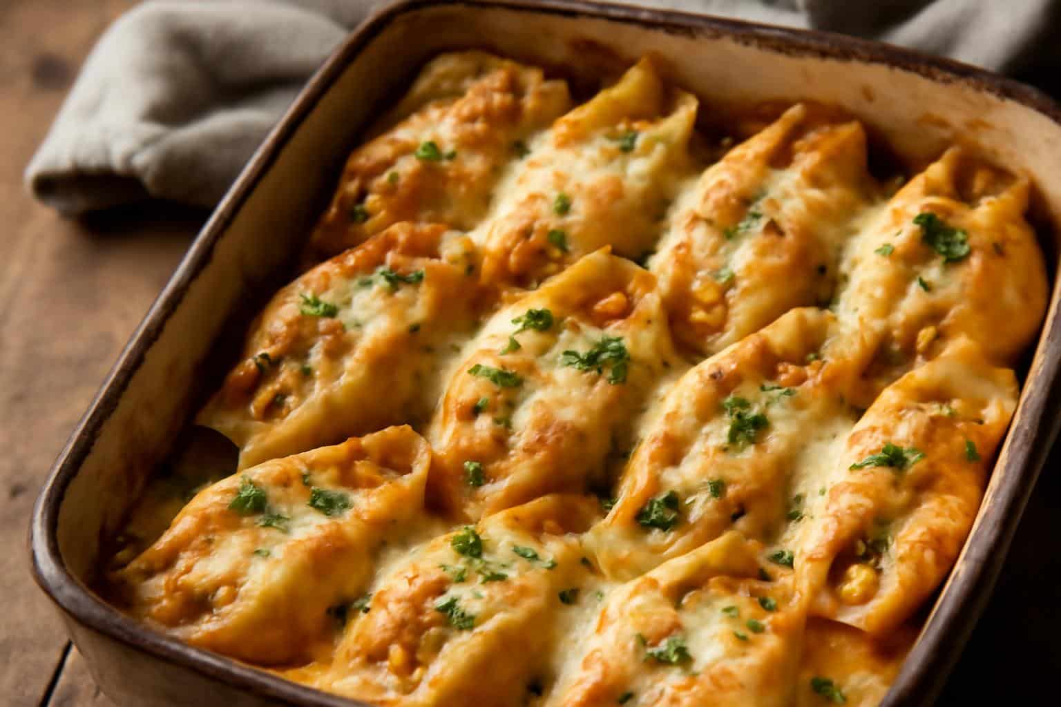 Creamy Cajun chicken stuffed shells baked with melted cheese and parsley garnish