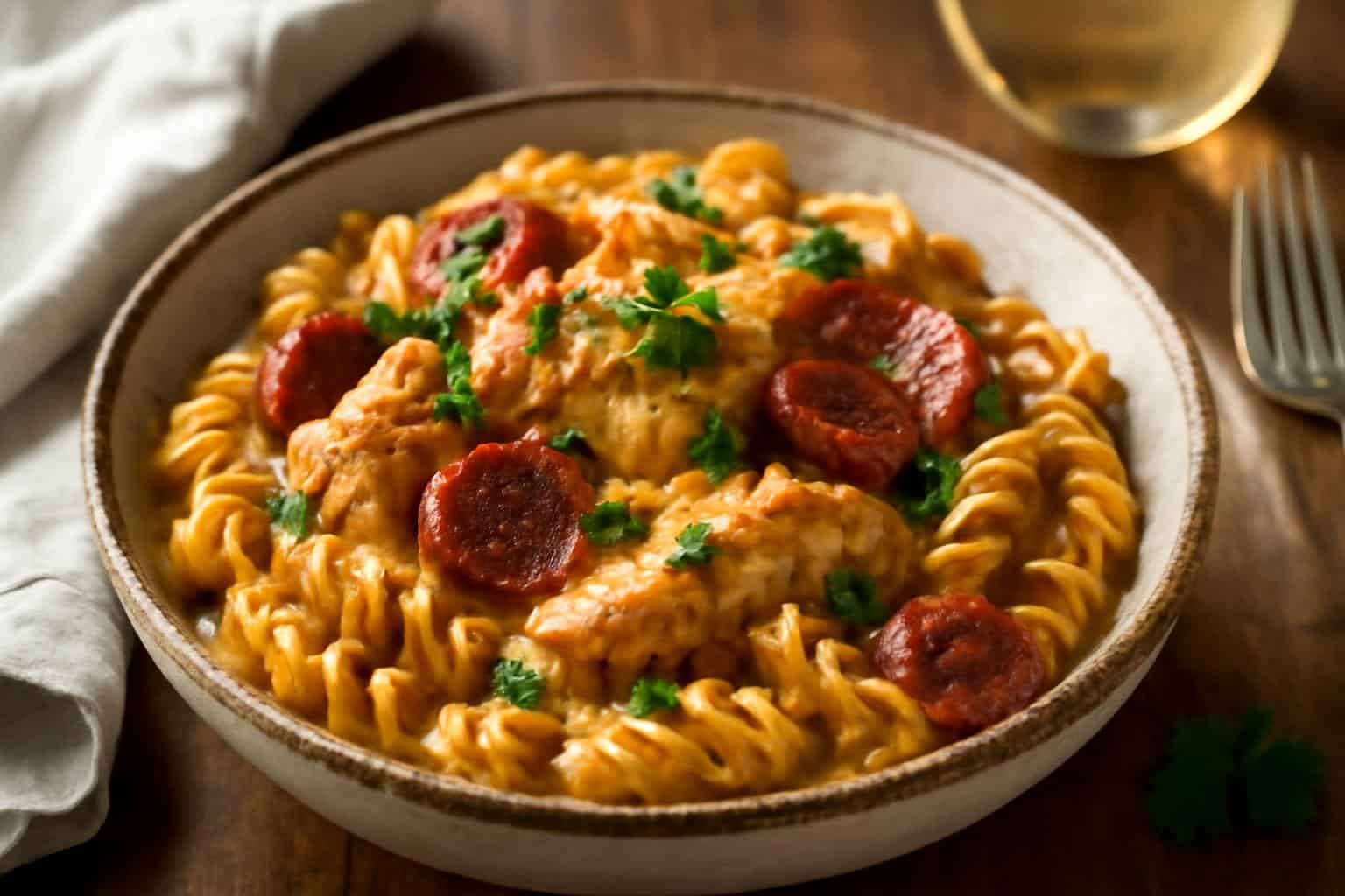 Creamy chicken pasta with chorizo garnished with parsley and red pepper flakes in a rustic bowl