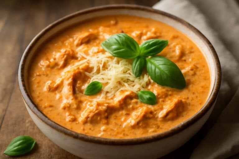 Bowl of creamy chicken parmesan soup garnished with parmesan and basil, creamy chicken parmesan soup