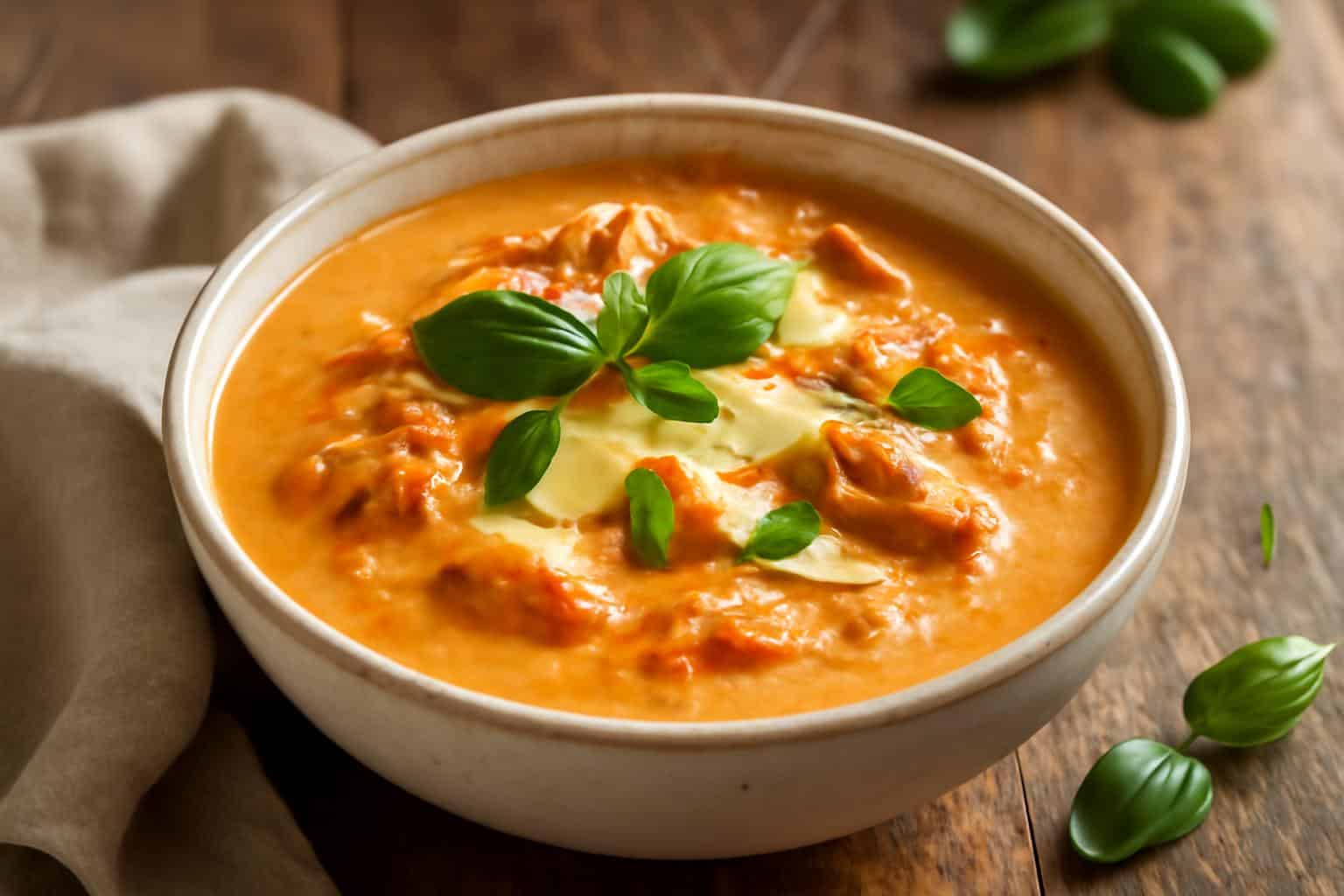 Creamy chicken parmesan soup in a bowl with basil garnish and parmesan cheese