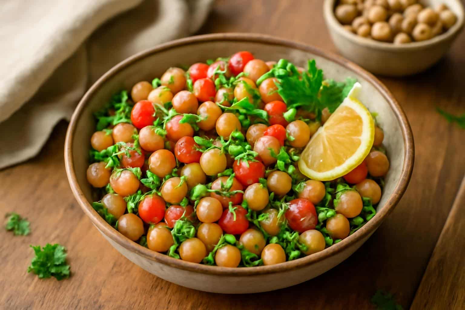 Creamy chickpea salad in a rustic bowl garnished with parsley and lemon wedge, ready to eat