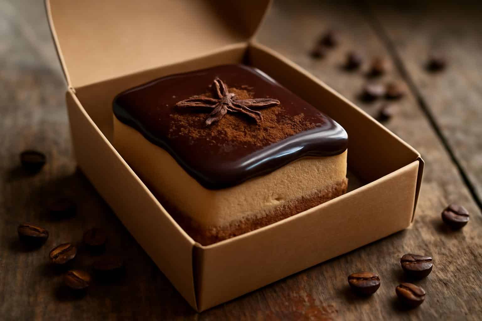 Creamy coffee mousse dessert topped with glossy dark chocolate ganache in a gift box