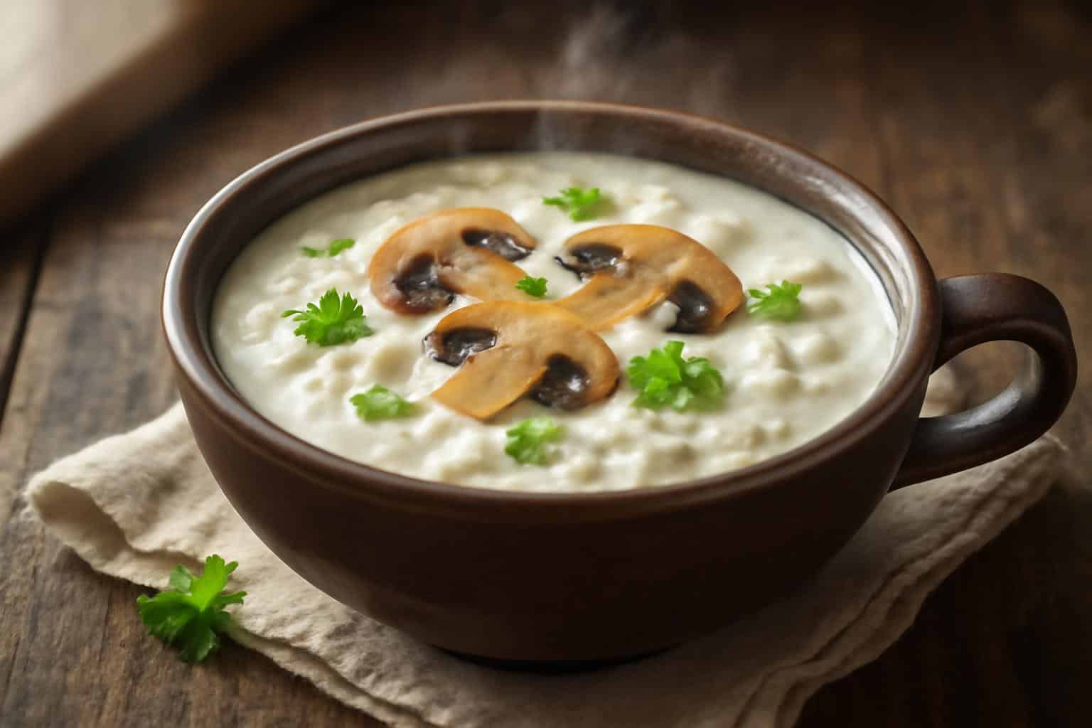 Creamy cottage cheese mushroom soup garnished with parsley in a rustic bowl