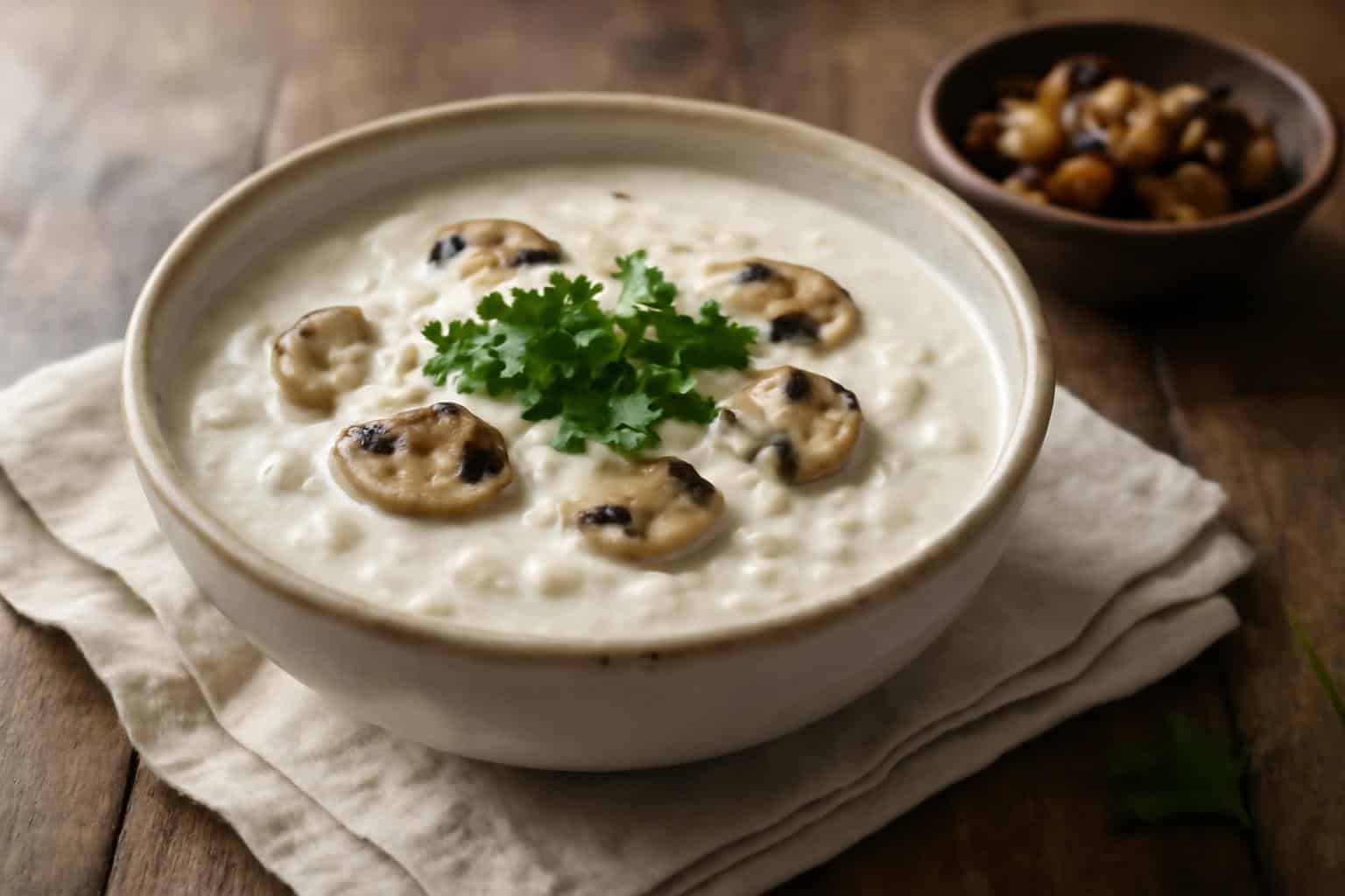 Creamy cottage cheese mushroom soup in a bowl garnished with parsley