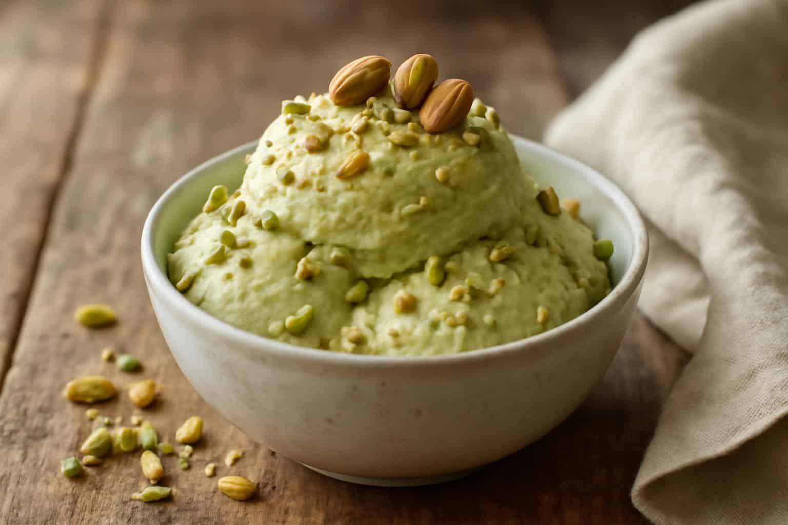 Creamy dairy free pistachio ice cream in a bowl garnished with pistachios