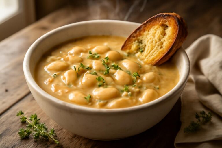 Creamy french onion soup with butter beans garnished with thyme in a rustic bowl