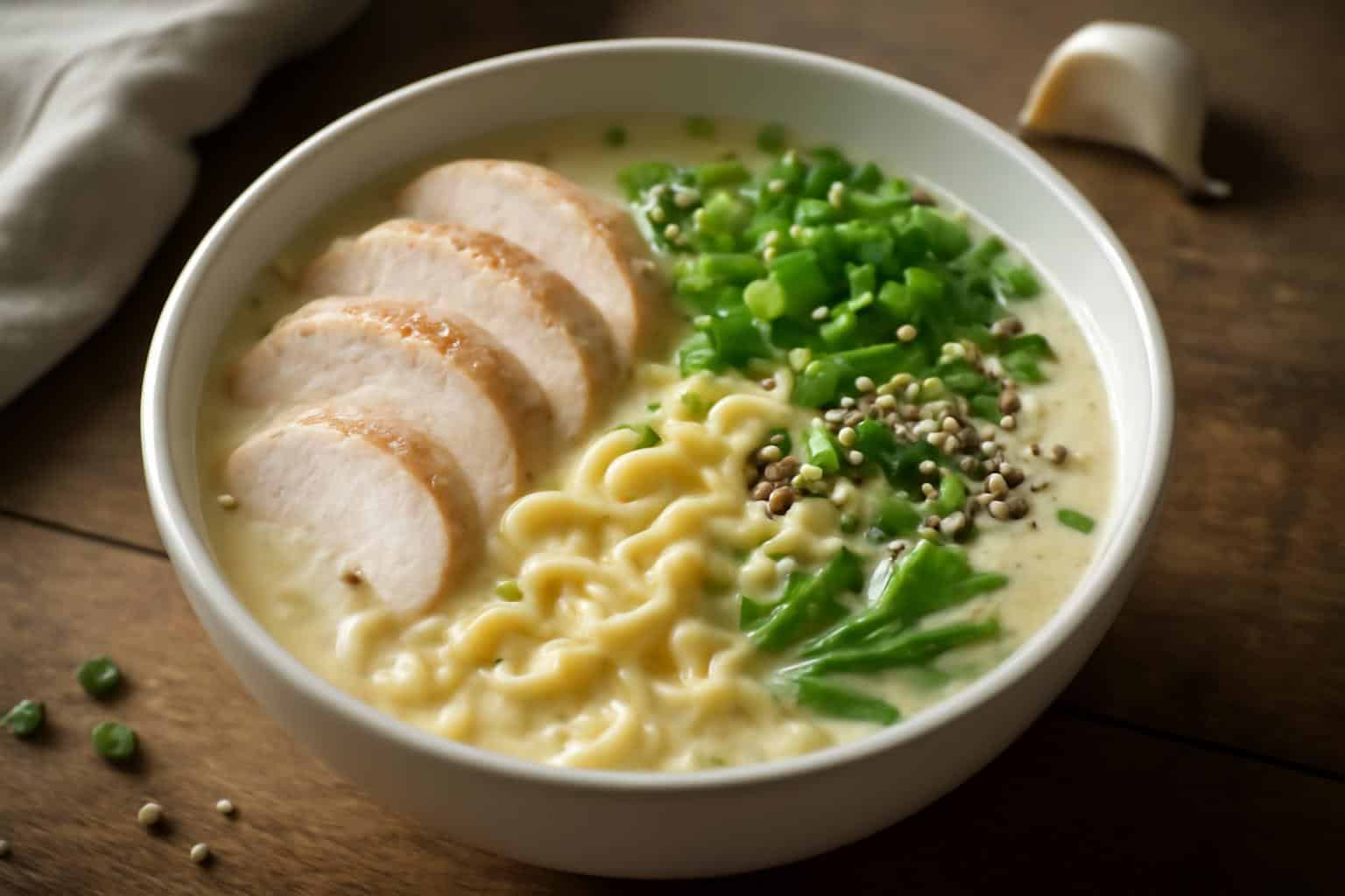 Creamy garlic chicken ramen bowl with tender chicken, noodles, and fresh garnishes in soft natural light