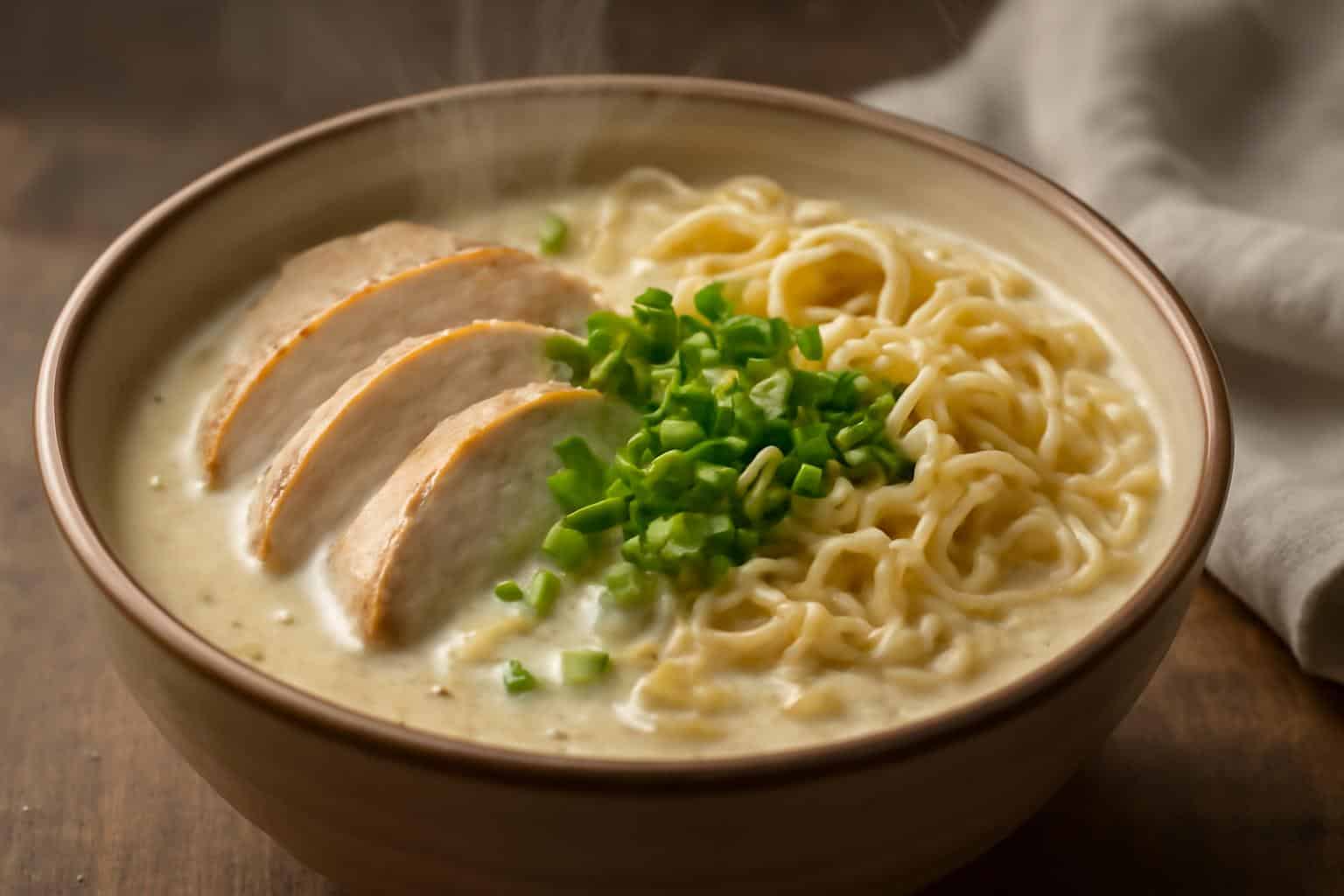 Creamy garlic chicken ramen bowl with tender chicken and fresh garnishes in creamy broth