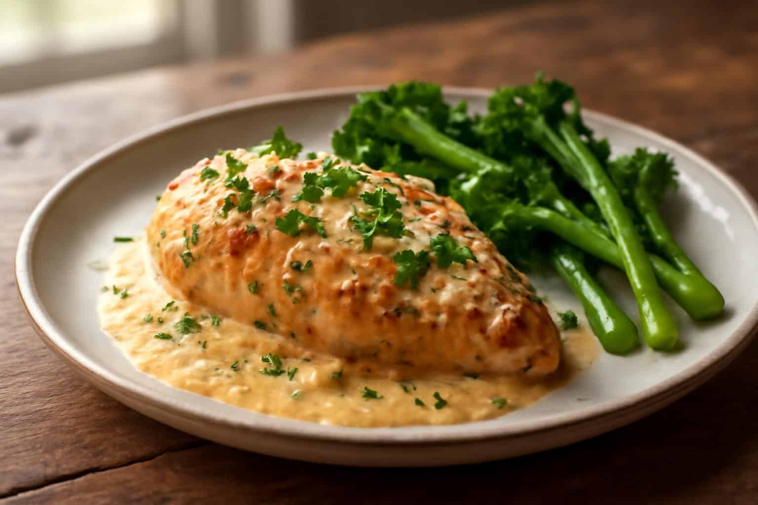 Creamy garlic parmesan chicken served with parsley garnish and parmesan cheese