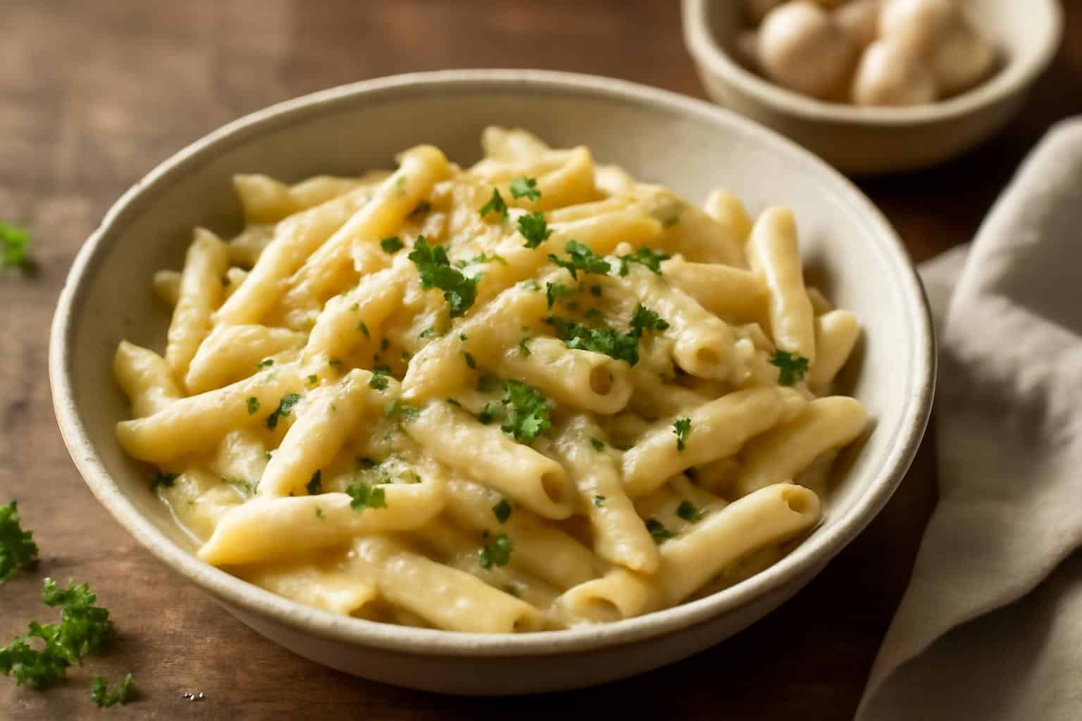 Creamy garlic penne pasta garnished with parsley and Parmesan, showcasing creamy garlic penne