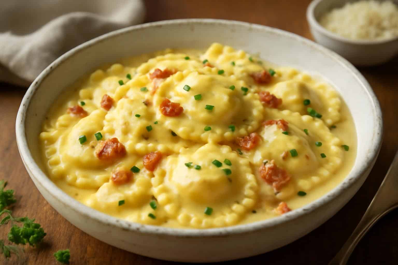 Creamy garlic ravioli carbonara pasta served in a bowl garnished with parsley and bacon bits