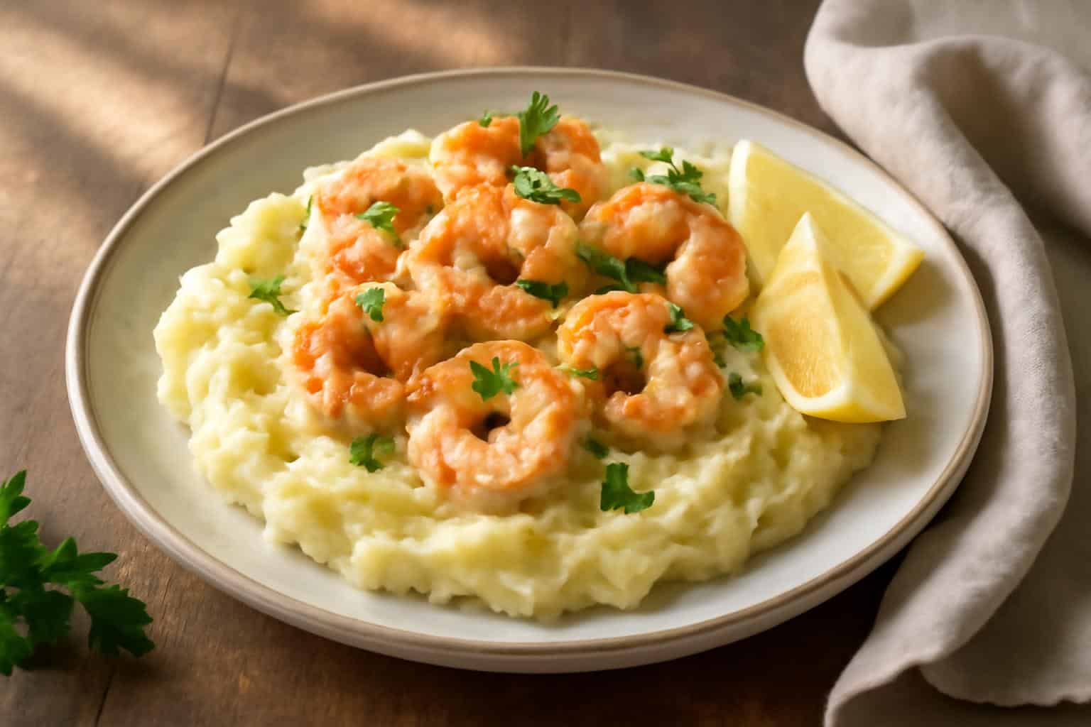 Creamy garlic shrimp served over mashed potatoes garnished with parsley and lemon wedges